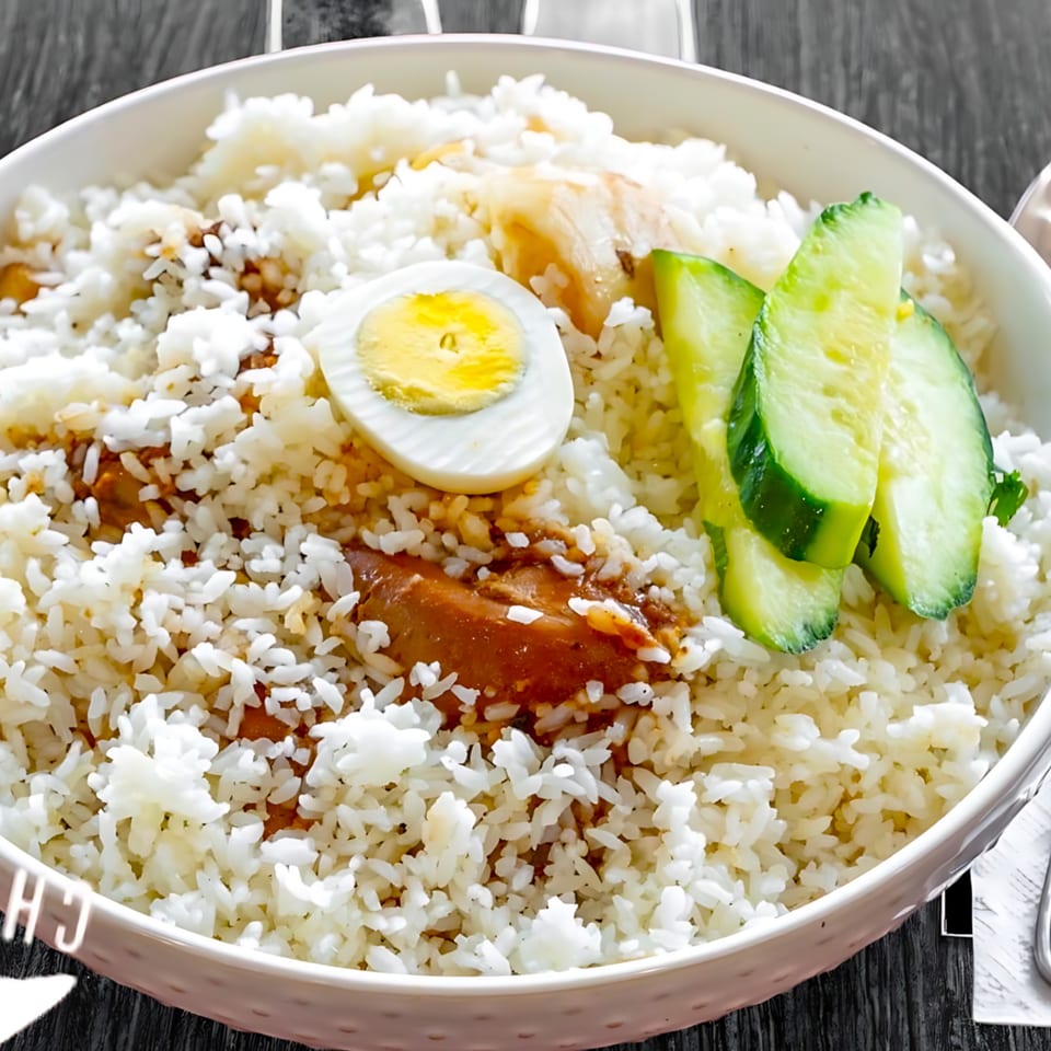 A bowl of Bangladeshi rice with chicken curry, a hard-boiled egg, and cucumber slices.