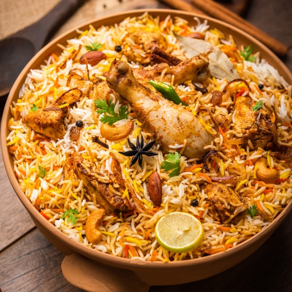 Close-up of Chameli Restaurant's chicken biryani, garnished with nuts, spices, and a lime slice.