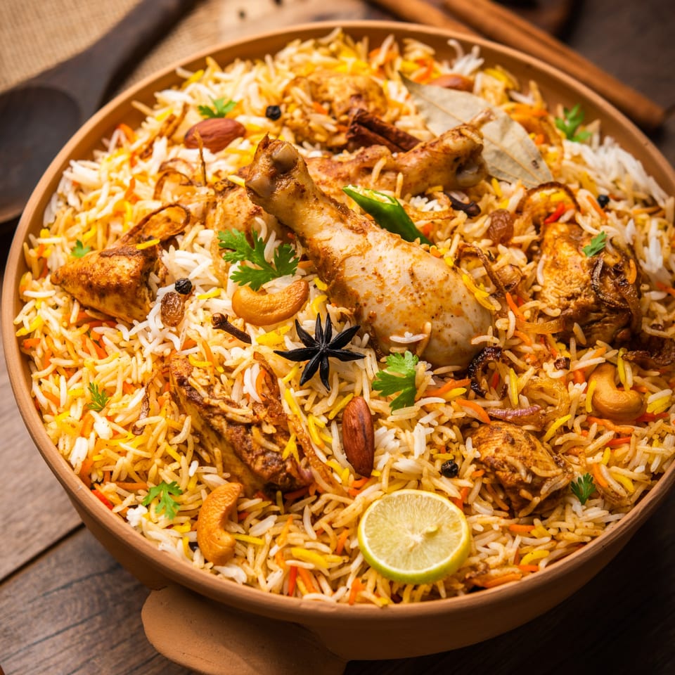 Close-up of Chameli Restaurant's chicken biryani, garnished with nuts, spices, and a lime slice.