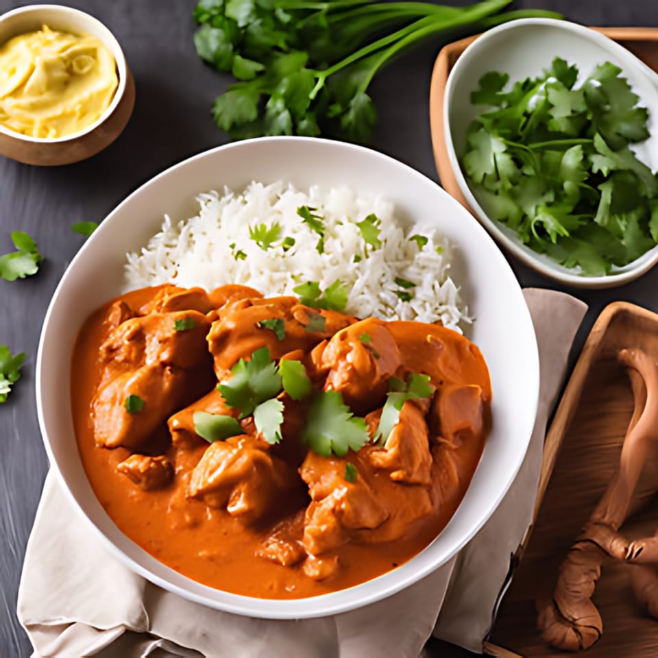 A bowl of Chameli Restaurant's Bangladeshi chicken curry with rice, garnished with cilantro.