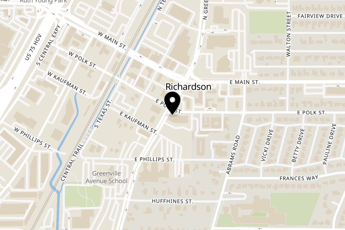 Map showing the location of Chameli Restaurant on 201 S Greenville Ave in Richardson